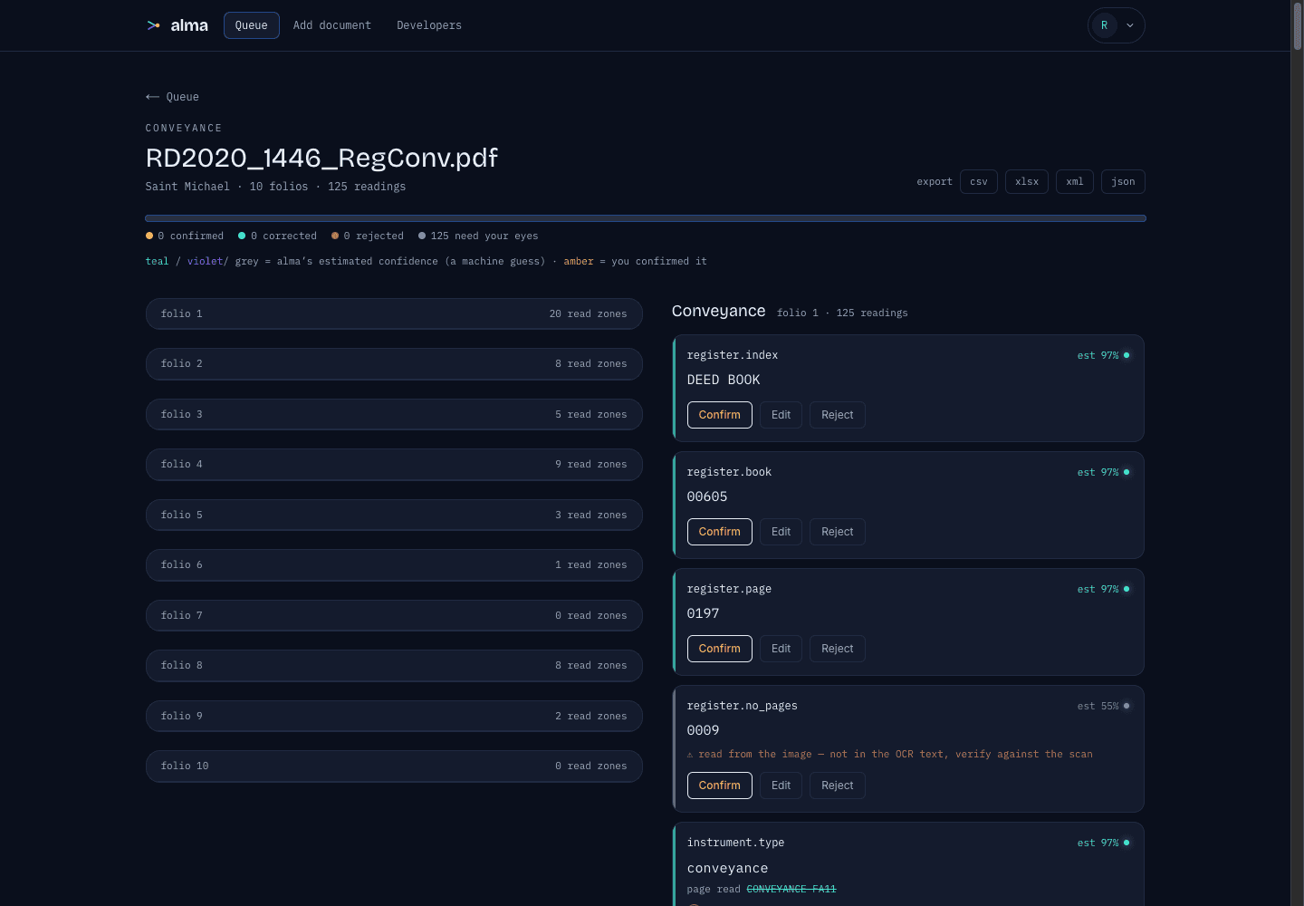 alma's developer console: per-field results where each value is returned with a confidence score, an evidence citation, and a reason.